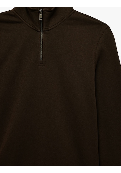 Koton Uzun Kollu Şardonlu Basic Yarım Fermuarlı Sweatshirt Kahverengi 6wam70016mk Kahverengi