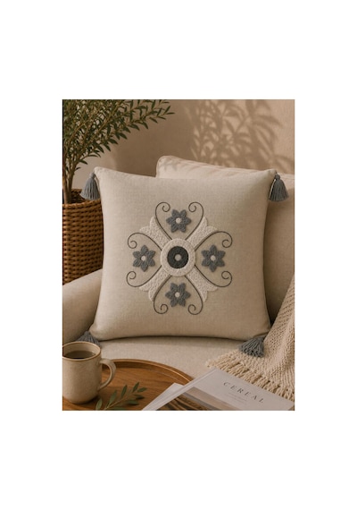 Punch Nakışlı Kırlent Kılıfı 45x45 Cm Kırlangıç Home Çapa Çiçek Desenli Gri Yıldız