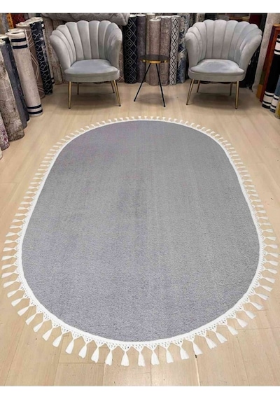 Vl Oval Comfort Overloklu Peluş Halı Beyaz Saçaklı Oval Gri