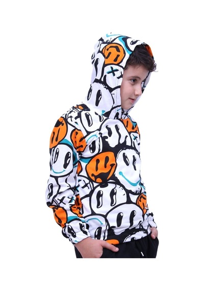 Fyk Kids Gülen Yüz Desenli Kapşonlu Unisex Sweatshirt Turuncu