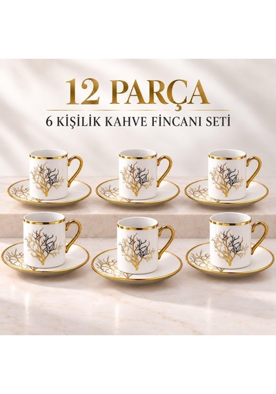 Tr 12 Parça 6 Kişilik 80 Ml Türk Kahvesi Fincan Takımı Gold Detaylı Ağaç Desenli K654-a Genel