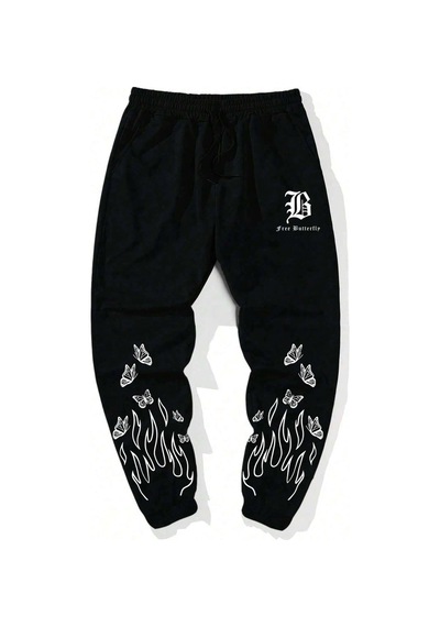 Legnd Fire & Letter Graphic Drawstring Waist Eşofman Altı Siyah