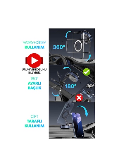 Magnetpro 360 Ayarlanabilir Araç İçi Masa Üstü Vakumlu Mıknatıslı Magsafe Telefon Tutucu Siyah Siyah