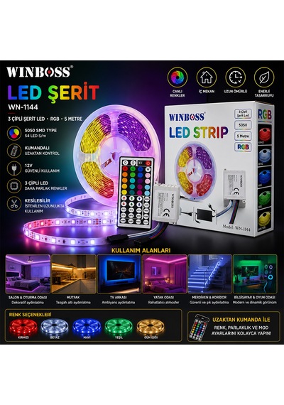 Rgb 5050 Smd Led Şerit 5m 54 Led/m Kumandalı Adaptor Sec-Kumanda-Metraj Seç Yok-Kumanda-Yok