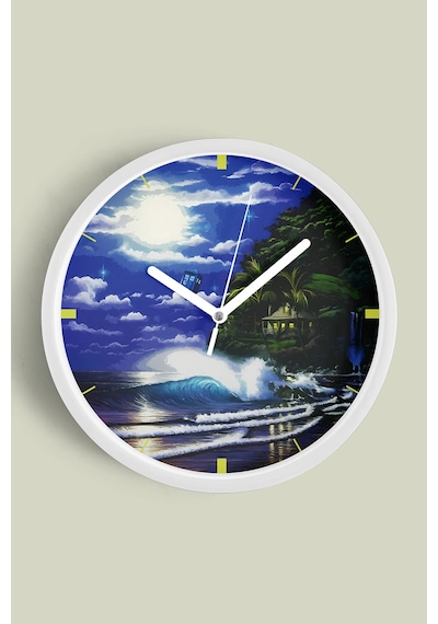 Gece Manzaralı Okyanus Dalgaları Modern Duvar Saati - 42cm - Önü Camlı Beyaz Kasa - Sessiz Mekanizma Beyaz