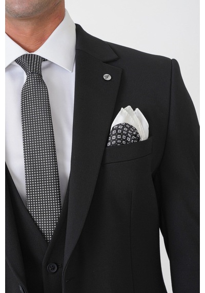 Efor Slim Fit Esnek Pamuklu Dokulu Siyah Yelekli Takım Elbise Tk 959