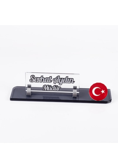 Ofistike Türk Bayrağı Logolu Gümüş Maydos Masa İsimliği