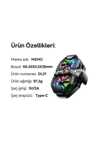 Memo Dl21 Yarı İletken Arka Klipsli Çift Fanlı Soğutma Radyatörü Pubg Oyun Soğutucu Apple Uyumlu iOs Android- 5775