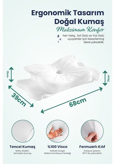 Ulralüks Boyun Destekli Visco Ortopedik Yastık - 68x39x13-11cm Beyaz