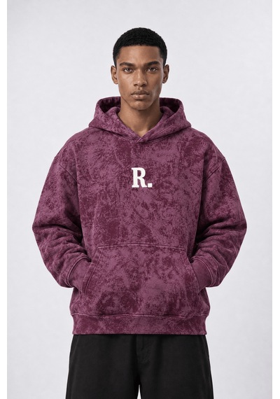 Respire Erkek Revere Nakışlı Yıkamalı Oversize Hoodie Bordo