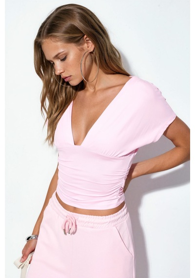 Hiccup Busem Bağlama Detaylı Dar Kesim Crop Bluz Allık Pembe