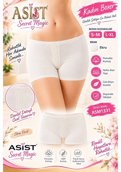 Asist Secret Magic Asm1331 Kadın Ekru Pamuklu Önü Dantel Şerit Şort Boxer