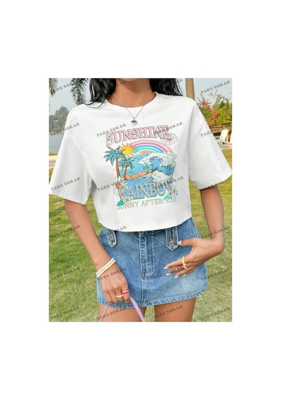 Tarzsokak Crop Ckod-232913 Kadın Tropikal Mektup Baskılı Crop Ckod-232913 Top Beyaz