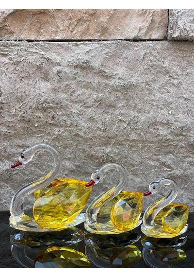 Dekoratif Kristal Cam Üçlü Kuğu Sarı