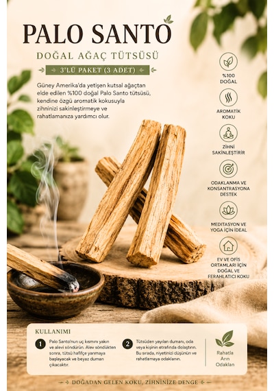 Reyo Palo Santo Doğal Ağaç Tütsüsü 3'lü Paket 3 Adet , %100 Doğal Aromatik Ahşap, Meditasyon, Yoga, Rahatlama Ve Ev Ortamı İçin
