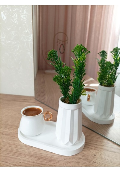 Mini Düz Desenli Beton Saksı Tekli Ve Oval Tabak - Yapay Çiçek Hediyeli - Yeşil Tomurcuk