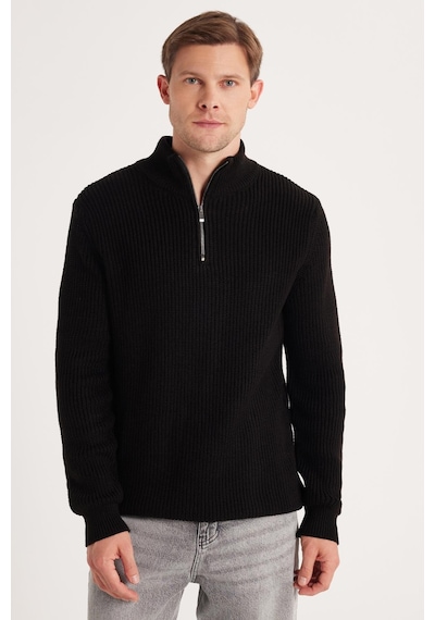 Tudors Erkek Slim Fit Dar Kesim Fermuarlı Siyah Dik Yaka Triko Kazak-34921 Siyah