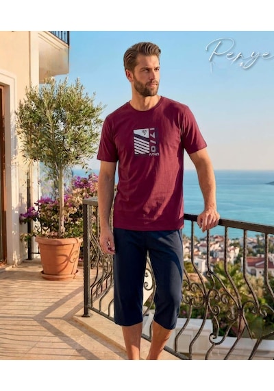 Pijamerry Erkek Bisiklet Yaka Kısa Kol Kapri Pijama Takımı 8012 - 1 Adet Bordo