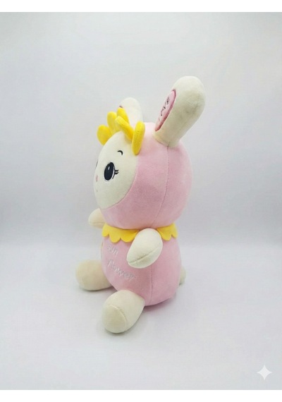 35 Cm Ayçiçeği Kostümlü Pembe Peluş Tavşan - Yumuşak Uyku Arkadaşı - Sun Flower Nakışlı Beyaz - Pembe
