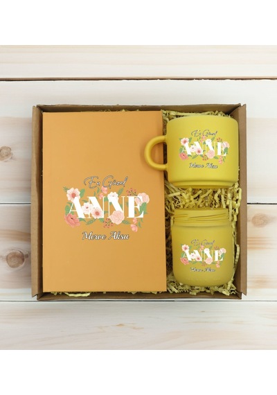 Bk Gift Kişiye Özel İsimli Dtf Anne Temalı Sarı Defter & Kahve Fincanı & Mum Hediye Seti-4, Anneye Hediye, Anneler Günü Hediyesi Kobitmeyencom30810 Bk