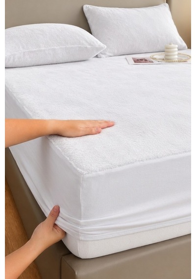 Kadife Kumaş Battal Boy Fitted Lastikli Çarşaf Takımı 200x200+30 Cm Beyaz