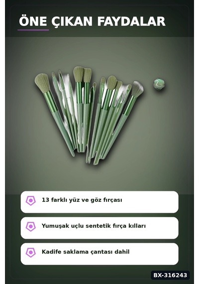 Makyaj Fırça Seti 13 Parça - Yumuşak Sentetik Kıllı Yüz Ve Göz Fırçaları Bx-316243