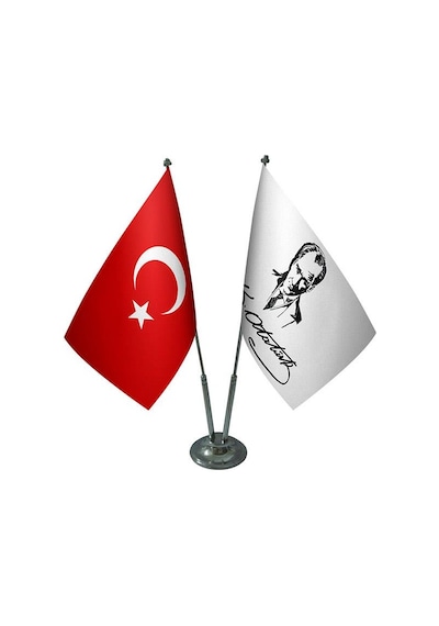 Masa Üstü Atatürk İmzalı Bayrağı Türk Bayrağı İkili Krom Direk Ma