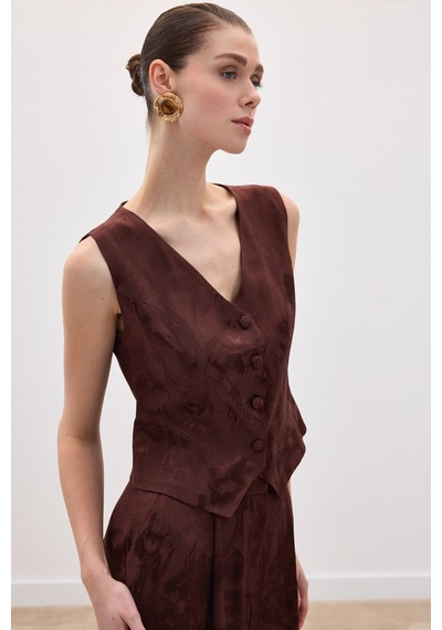 Sateen Jakarlı Yelek - Kahve-136838 Kahve