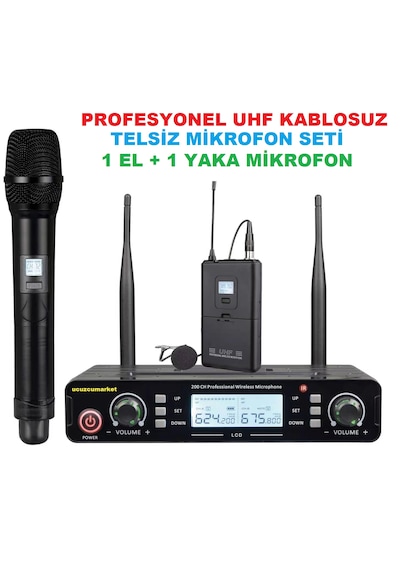 Profesyonel Uhf Kablosuz Telsiz Mikofon Seti 1 El + 1 Yaka Mikofon