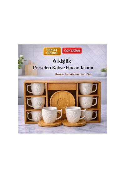 Tek Kişilik 2 Parça Porselen Türk Kahvesi Fincan Takımı.bambu Tabaklı Premium Kahve Seti,çiçek Beyaz