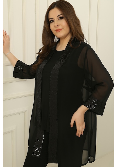 By Saygı Şal Yaka Pulpayet Detaylı Şifon Ceket İçi Kolsuz Bluz Büyük Beden 2'li Takım Siyah By Saygı Şal Yaka Pulpayet Detaylı Şifon Ceket İçi Kolsuz Bluz Büyük Beden 2'li Takım Siyah