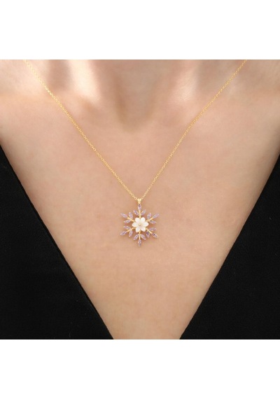 Mia vento Ametist Taşlı Kar Çiçeği Gold Renk Flowers Gümüş Kolye
