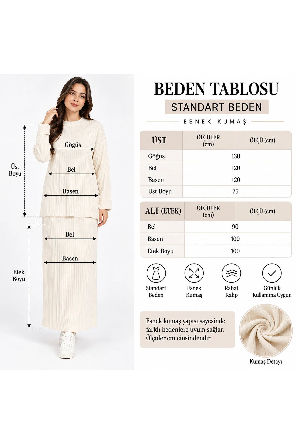 Neco Giyim Kadın Ekru Fitilli Triko Etekli 2'li Takım Oversize Uzun Kollu