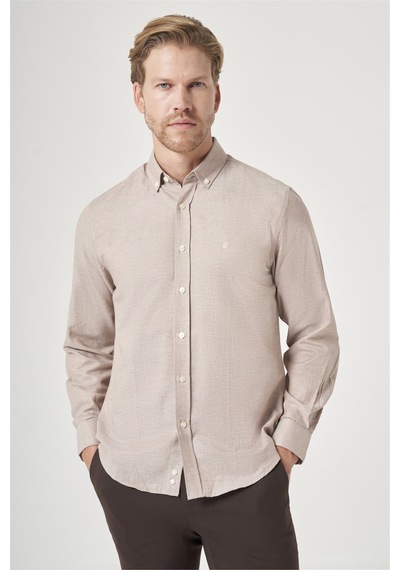 İmza Bej-beyaz Düğmeli Yaka Oxford Slim Fit Pamuklu Gömlek 1004265124 K.bej - Beyaz