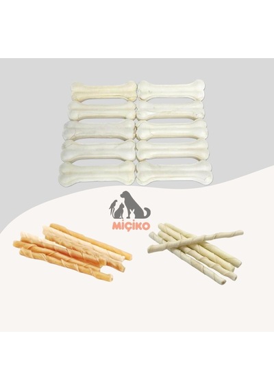 Köpekler İçin Ödül Seti13 10lu 7cm Beyaz Kemik+25li Beyaz Ve 25li Naturel Burgu Çubuk