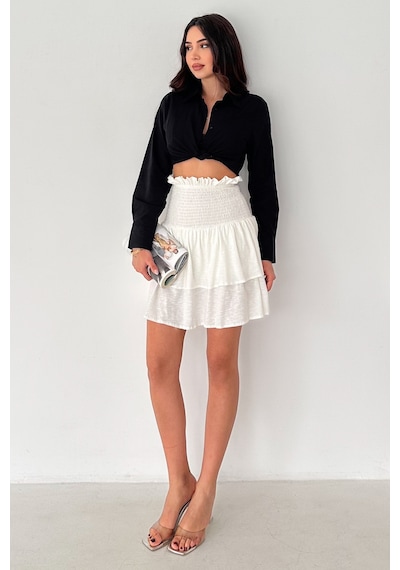 Kadın Katlı Smock Bel Mini Short Etek Summer Layers Beyaz