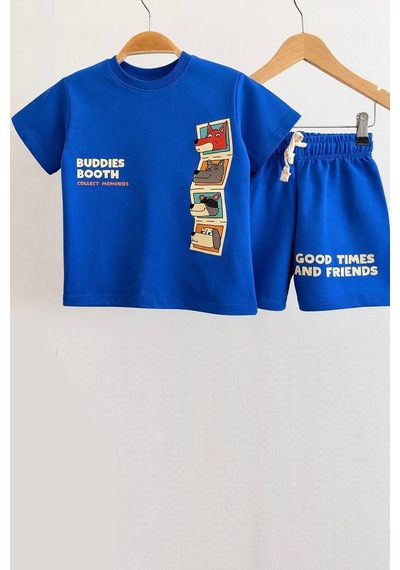 Monila Erkek Çocuk Pamuklu Antrasit Köpek Baskılı T-shirt Ve Şort Takım Mavi