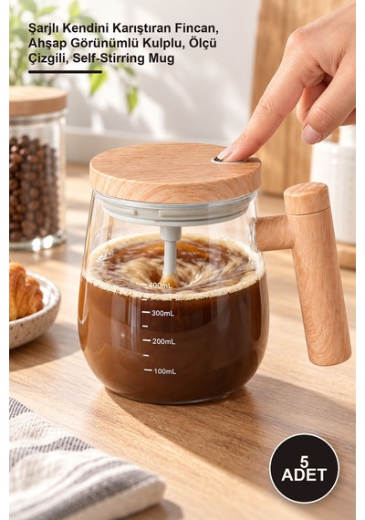 5 Adet Otomatik Karıştırıcılı Cam Kupa Şarjlı Kendini Karıştıran Fincan, Ahşap Görünümlü Kulplu, Ölçü Çizgili, Self-stirring Mug