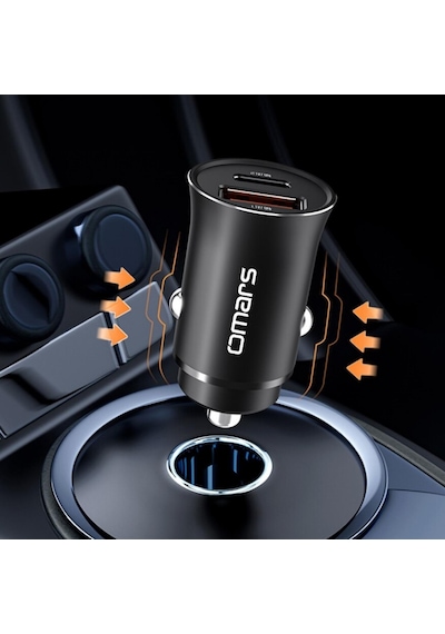 Omars USB Type-C PD 20W Çift Portlu Araç içi Hızlı Şarj Cihazı