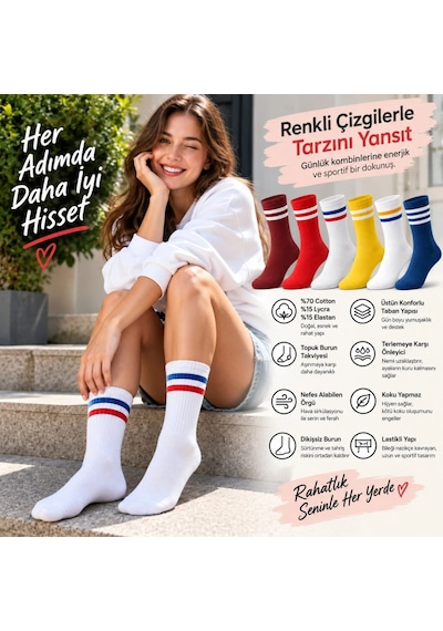 Storeşahin Unisex Renkli Çorap Çizgili 6'lı Set Uzun Soket Günlük Spor Kolej Stil Rahat Şık Kadın Erkek Çorabı Shn0720 Çok  Renkli