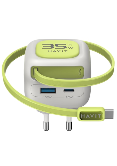Havit Uc251 35w Gan Pd Hızlı Şarj Adaptörü - Geri Sarılan Usb-c Kablolu, Usb-a/usb-c Gri - Yeşil