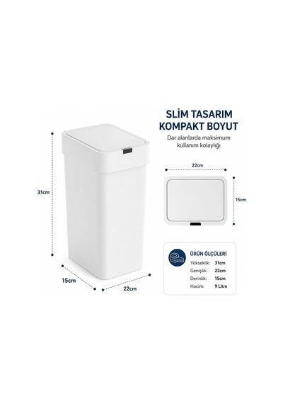 9 Litre Slim Sensörlü Çöp Kovası, Otomatik Temassız Akıllı Çöp Kutusu, Sessiz Kapanan, 2 Aa Pille Çalışan, Dar Alanlar İçin Banyo, Mutfak Ve Ofis Beyaz