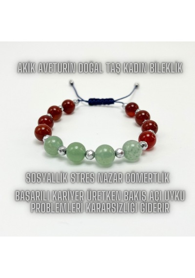 Sertifikalı Akik Aventurin Doğal Taş Makrome Bileklik Çok Renkli