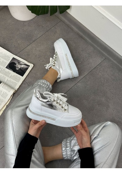 Erva'nın Butiği Gümüş Beyaz Miles Taş Detay Yüksek Taban Bağcıklı Sneakers-5635