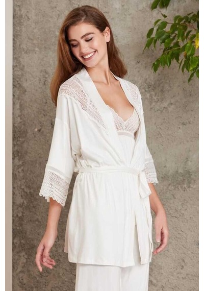 Pierre Cardin 2820 Kadın Ekru Dantelli Penye 3'lü Sabahlıklı Pijama Takım Ekru