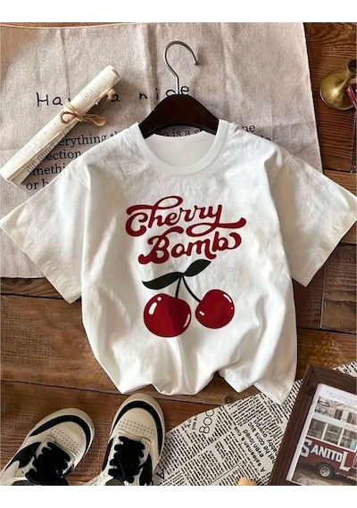 Uyguntarz Unisex Cherry Bomb Baskılı Tasarım Tshirt Beyaz