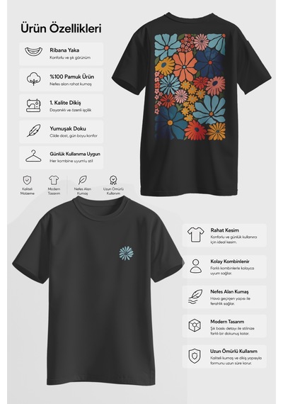 Spoyi Colorful Daisy Tasarımlı %100 Pamuk Yarım Oversize Siyah T-shirt