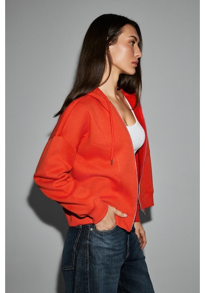 Grimelange Vyselle Kadın Önü Kesikli Metal Fermuarlı Kapüşonlu Etiket Detaylı Oversize Kırmızı Sweat Kırmızı