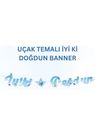 Uçak Temalı Doğum Günü Parti Seti İyi Ki Doğdun Banner, Tavan Sarkıt, Gözlük, Pasta Süsü Ve Mısır Kutusu Mavi