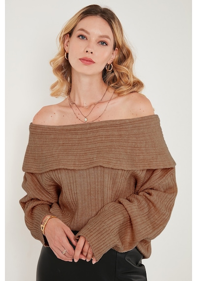 Lela Oversize Fit Madonna Yaka Triko Bayan Kazak 4615216 Camel